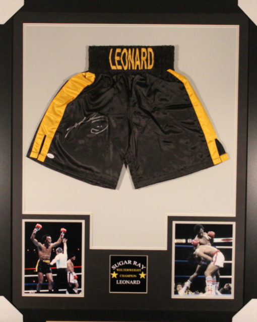 Sugar Ray Leonard Autographed Framed Black Boxing Trunks JSA 10824