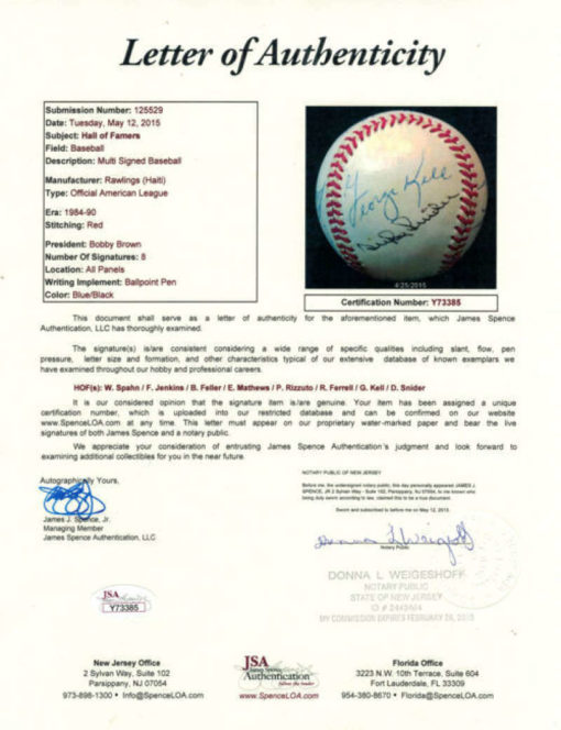 Hall Of Fame Baseball Autographed OAL Baseball (Spahn, Feller +6) JSA 11529