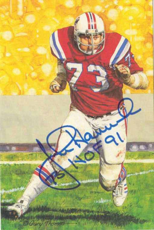 John Hannah Autographed New England Patriots Goal Line Art HOF 91 in Blue 11555