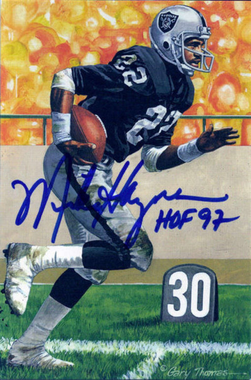 Mike Haynes Autographed Oakland Raiders Goal Line Art Card Blue HOF 11593