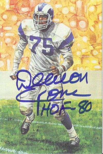 Deacon Jones Autographed Los Angeles Rams Goal Line Art in Blue HOF 11878