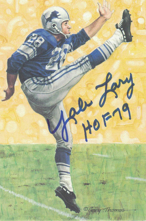 Yale Lary Autographed/Signed Detroit Lions Goal Line Art Blue HOF 12080