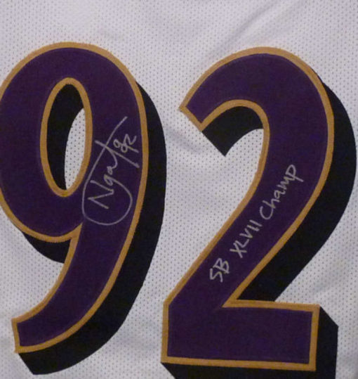 Haloti Ngata Autographed Balitmore Ravens XL White Jersey SB XLVII Champ 12572