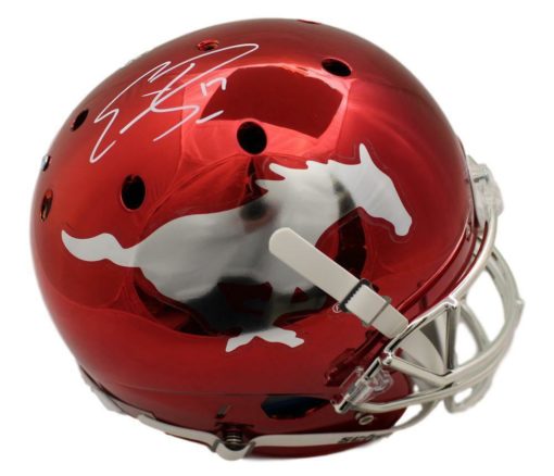 Emmanuel Sanders Signed SMU Mustangs Schutt Chrome Helmet Insc JSA 12633