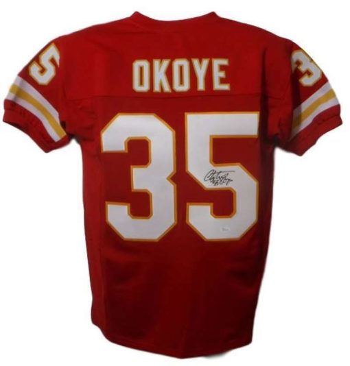 Christian Okoye Autographed/Signed Kansas City Chiefs XL Red Jersey JSA 12637