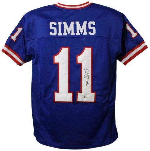 Phil Simms Autographed/Signed New York Giants XL Blue Jersey BAS 13226