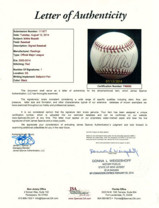 Ichiro Suzuki Autographed/Signed Seattle Mariners OML Baseball JSA Y56692 13404