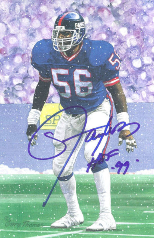 Lawrence Taylor Autographed New York Giants Goal Line Art HOF 99 Blue 13474