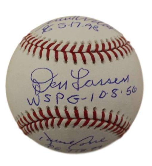 New York Yankees Autographed Perfect Game OML Baseball Larsen Wells Cone JSA 140