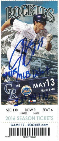 Jon Gray Autographed Colorado Rockies Ticket Stub MLB Debut & 1st Win JSA 16869