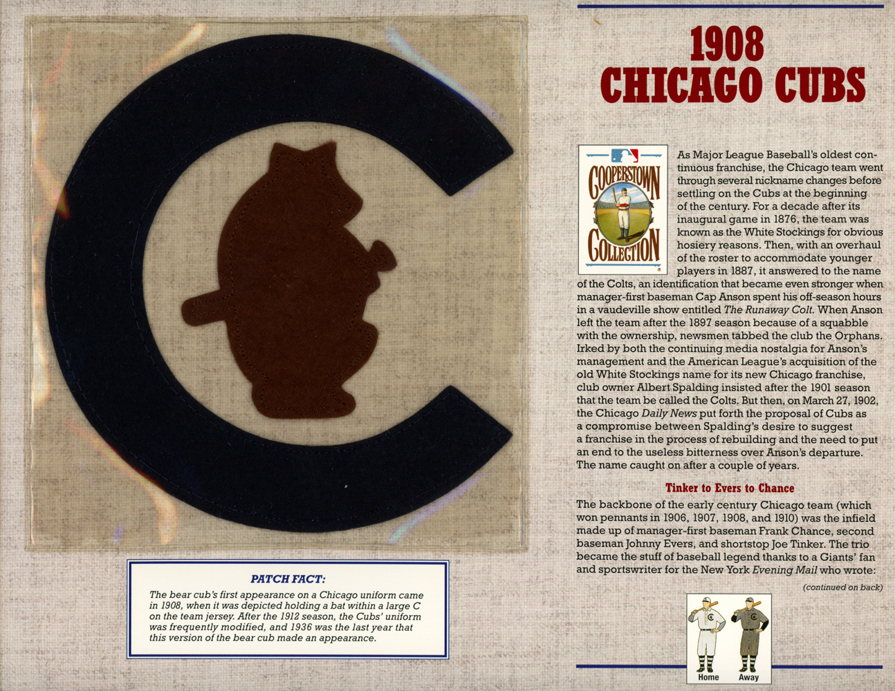 Chicago Cubs 1908 Patch Stat Card Cooperstown Official Willabee & Ward