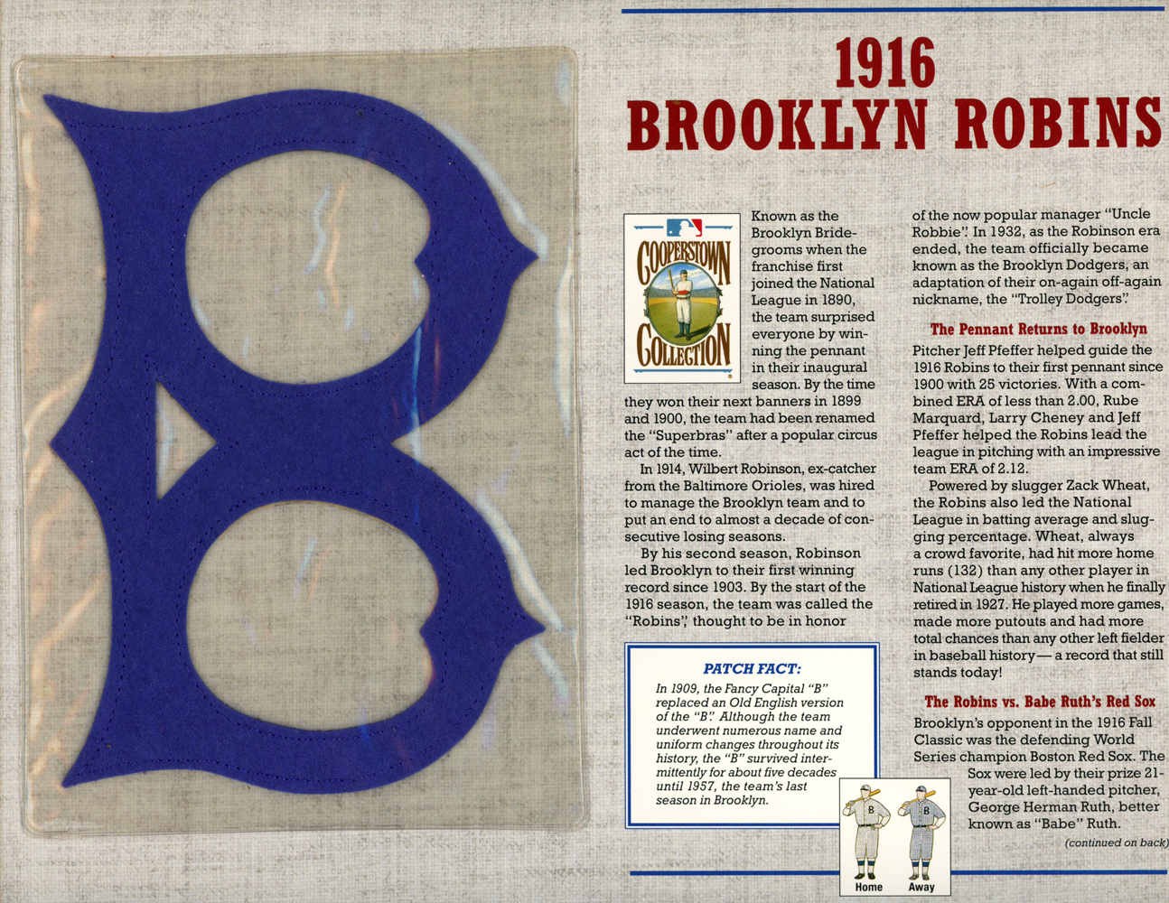 Brooklyn Robins 1916 Patch Stat Card Cooperstown Official Willabee & Ward