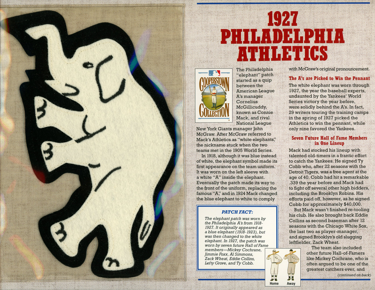 Philadelphia Athletics 1927 Patch Stat Card Cooperstown Willabee & Ward