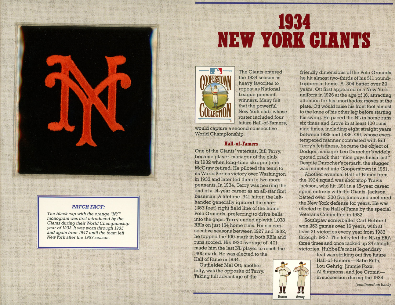 New York Giants 1934 Patch Stat Card Cooperstown Official Willabee & Ward