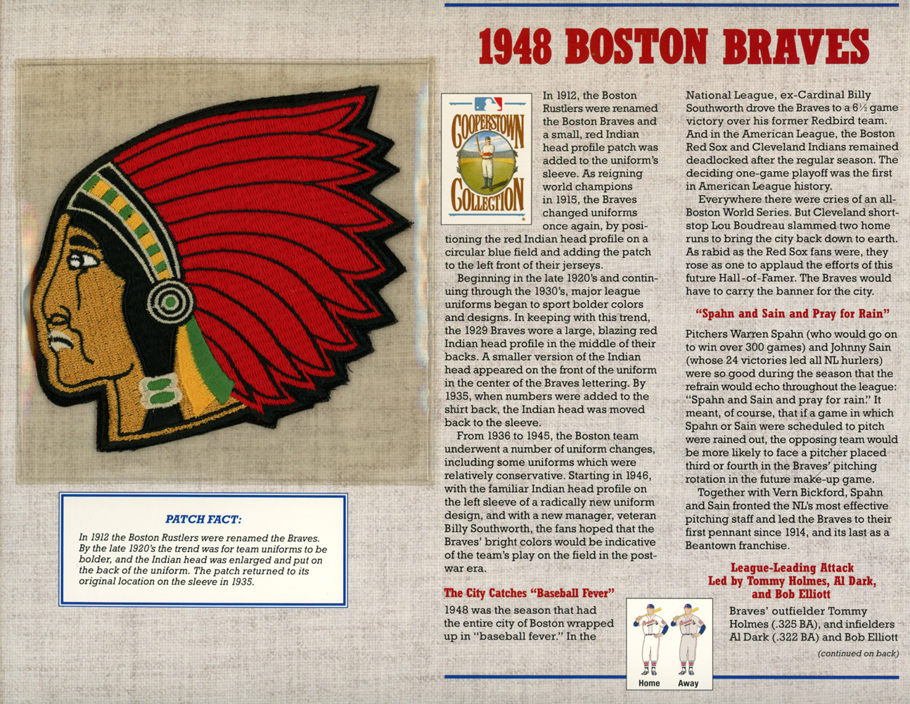 Boston Braves 1948 Patch Stat Card Cooperstown Official Willabee & Ward