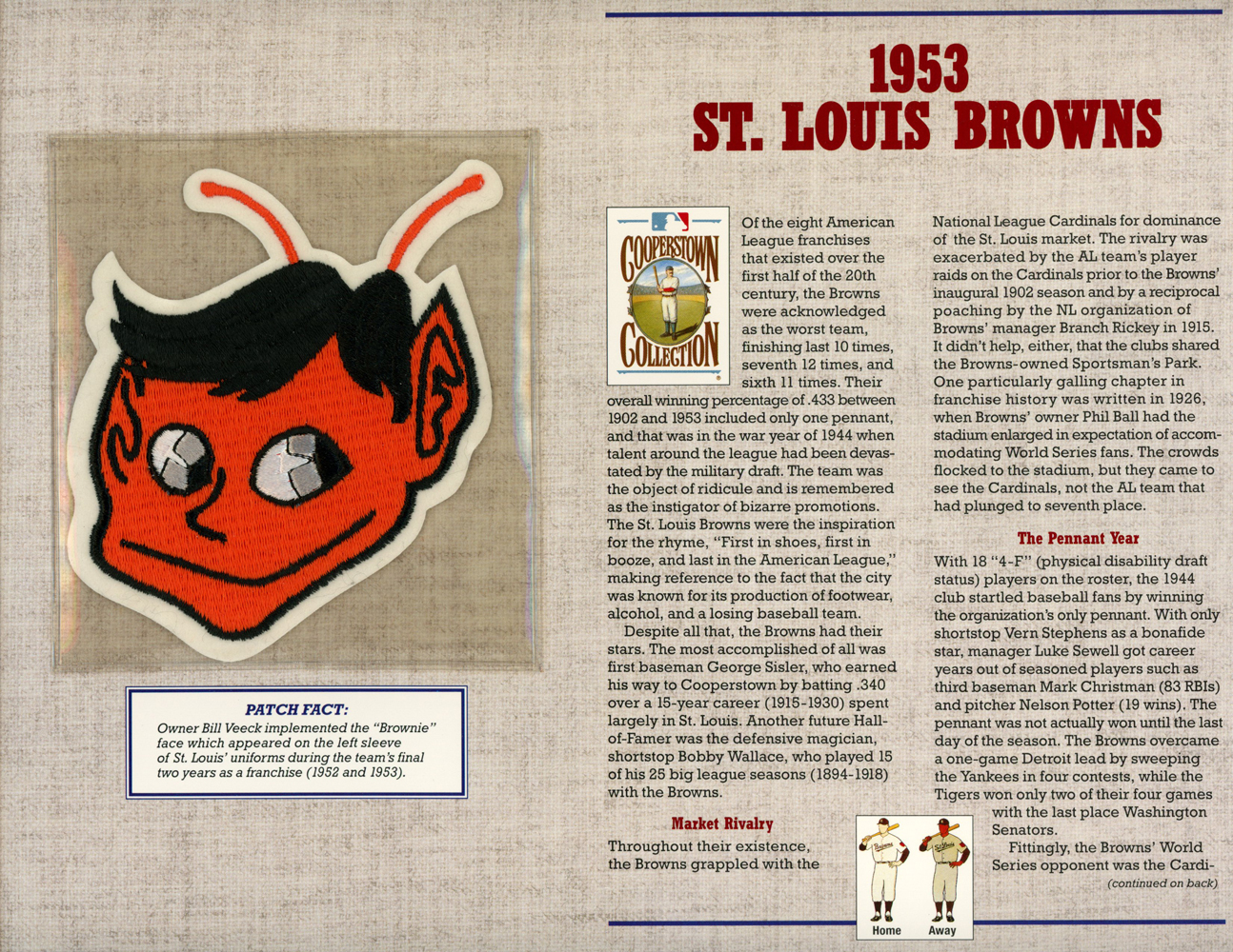 St Louis Browns 1953 Patch Stat Card Cooperstown Official Willabee & Ward