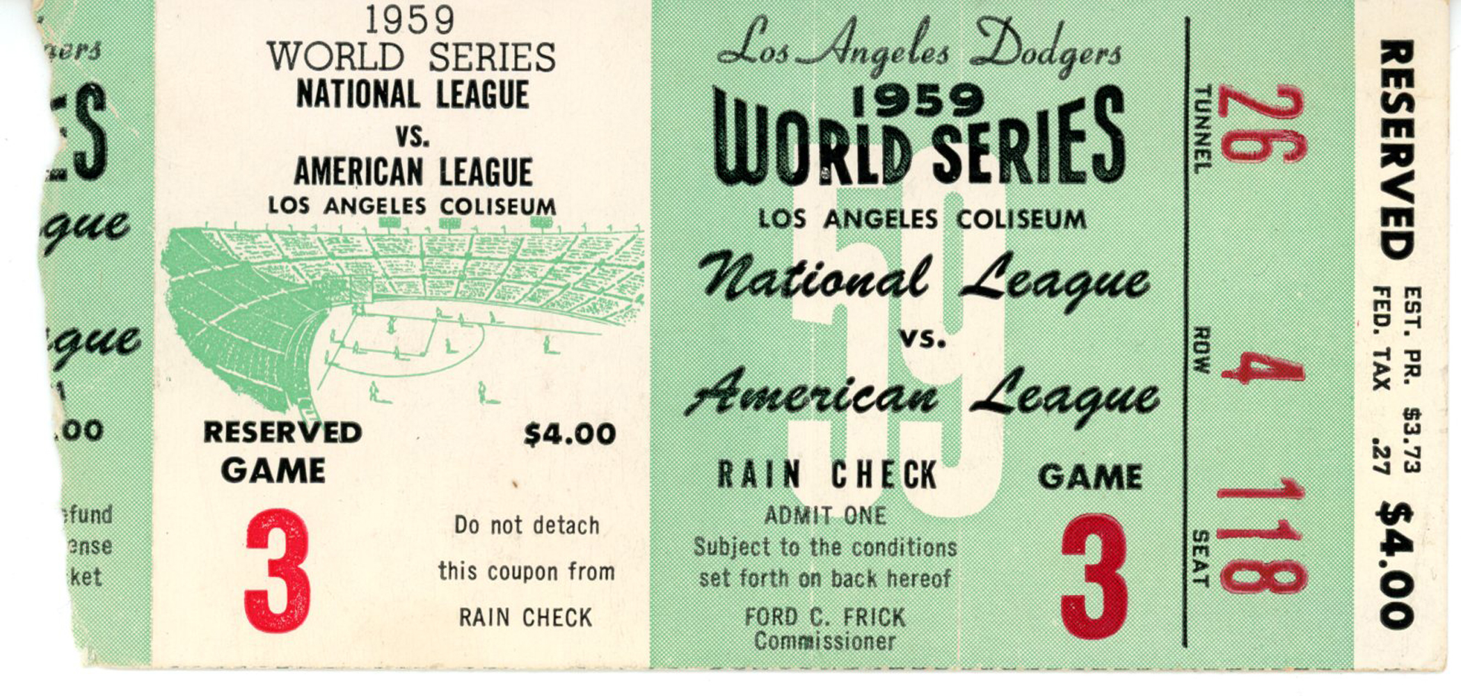 1959 World Series Game 3 Ticket Stub Los Angeles Dodgers vs White Sox