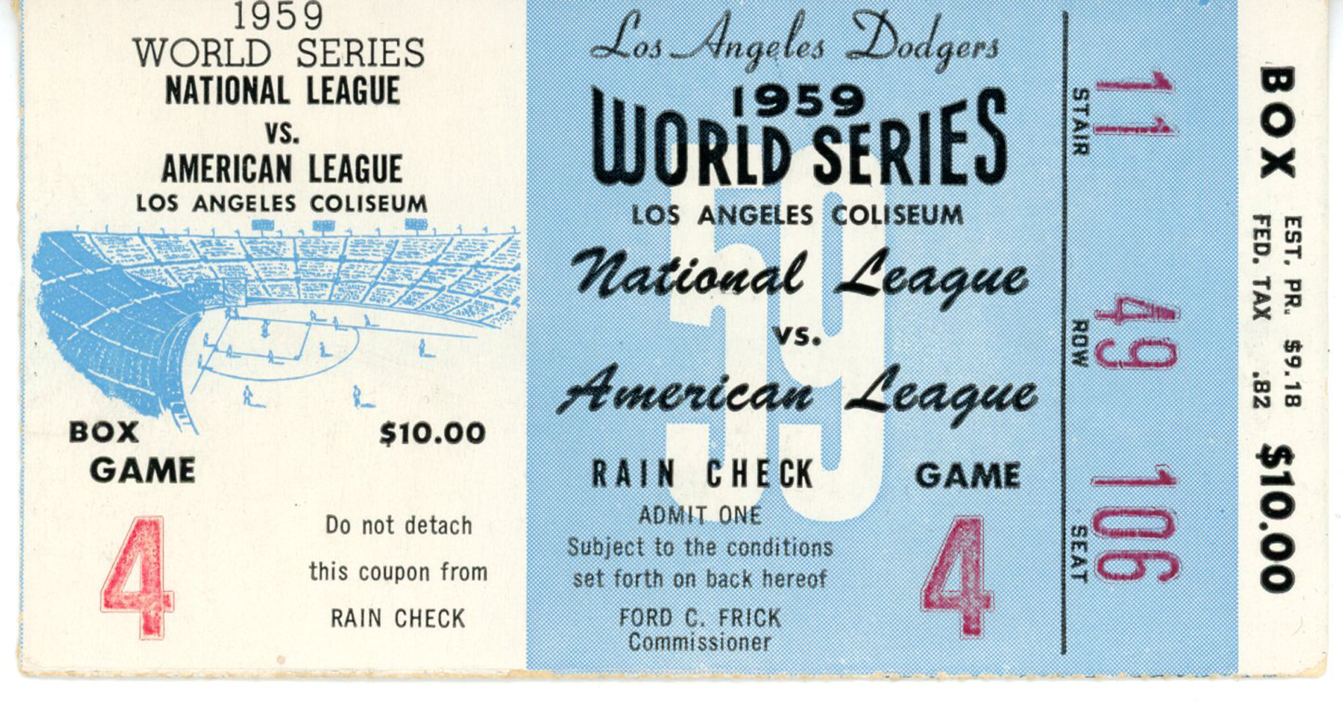 1959 World Series Game 4 Ticket Stub Los Angeles Dodgers vs White Sox