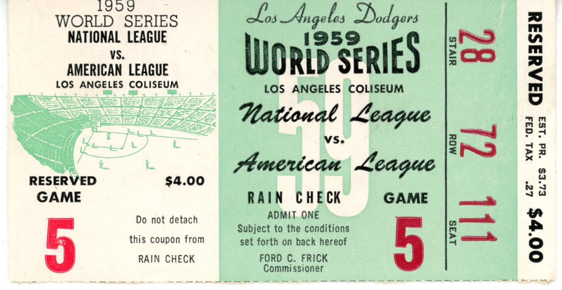 1959 World Series Game 5 Ticket Stub Los Angeles Dodgers vs White Sox