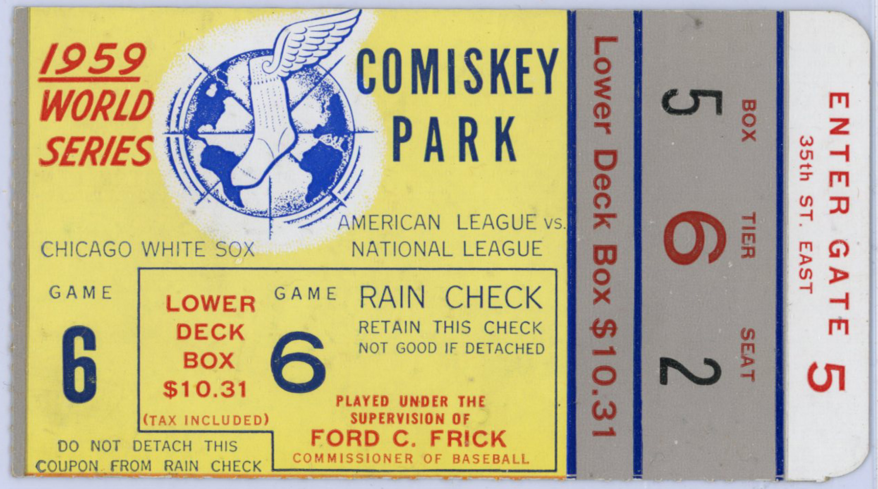 1959 World Series Game 6 Ticket Stub Los Angeles Dodgers vs White Sox