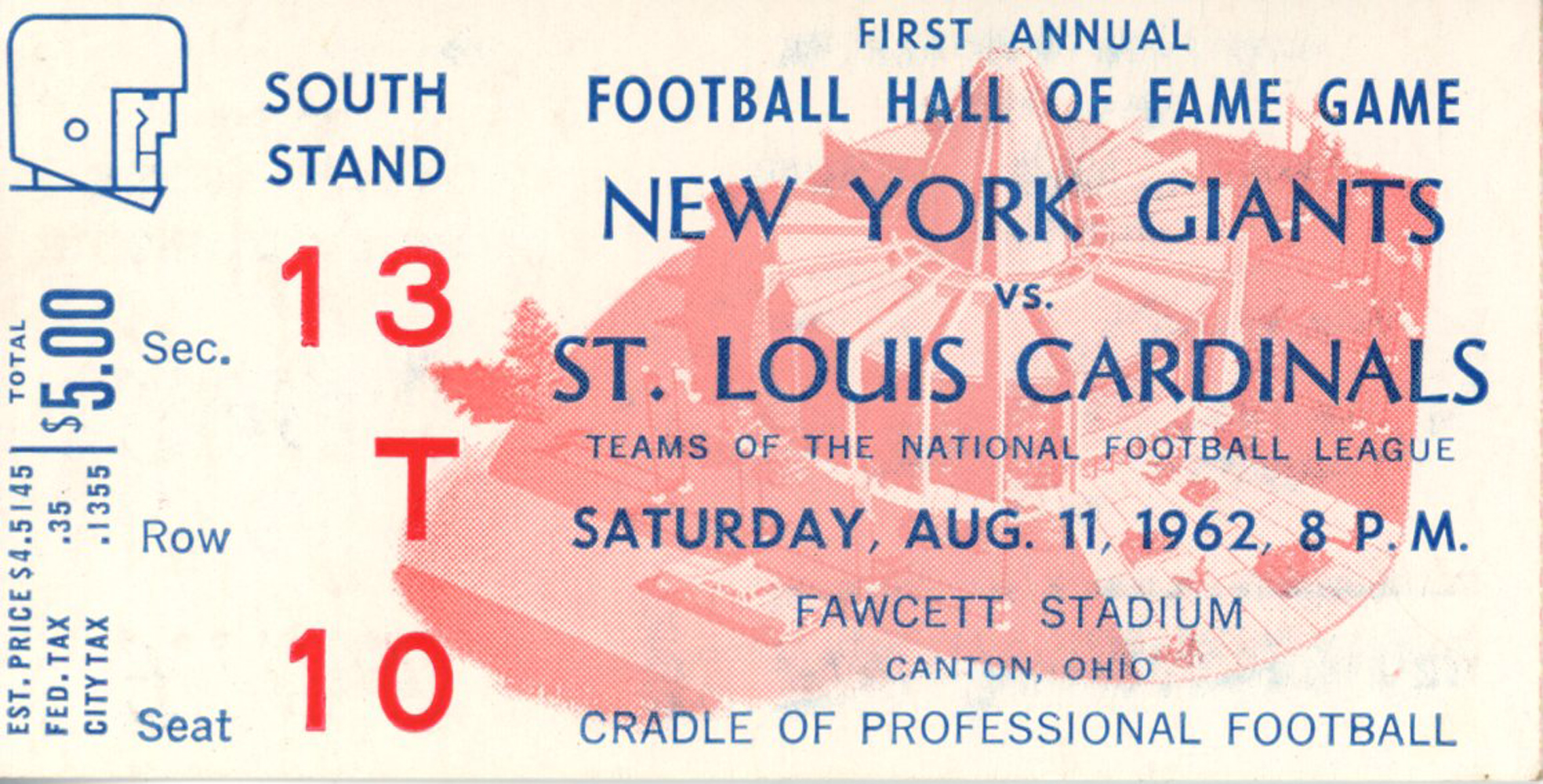 1962 Hall Of Fame Game Ticket New York Giants vs St Louis Cardinals Denver Autographs