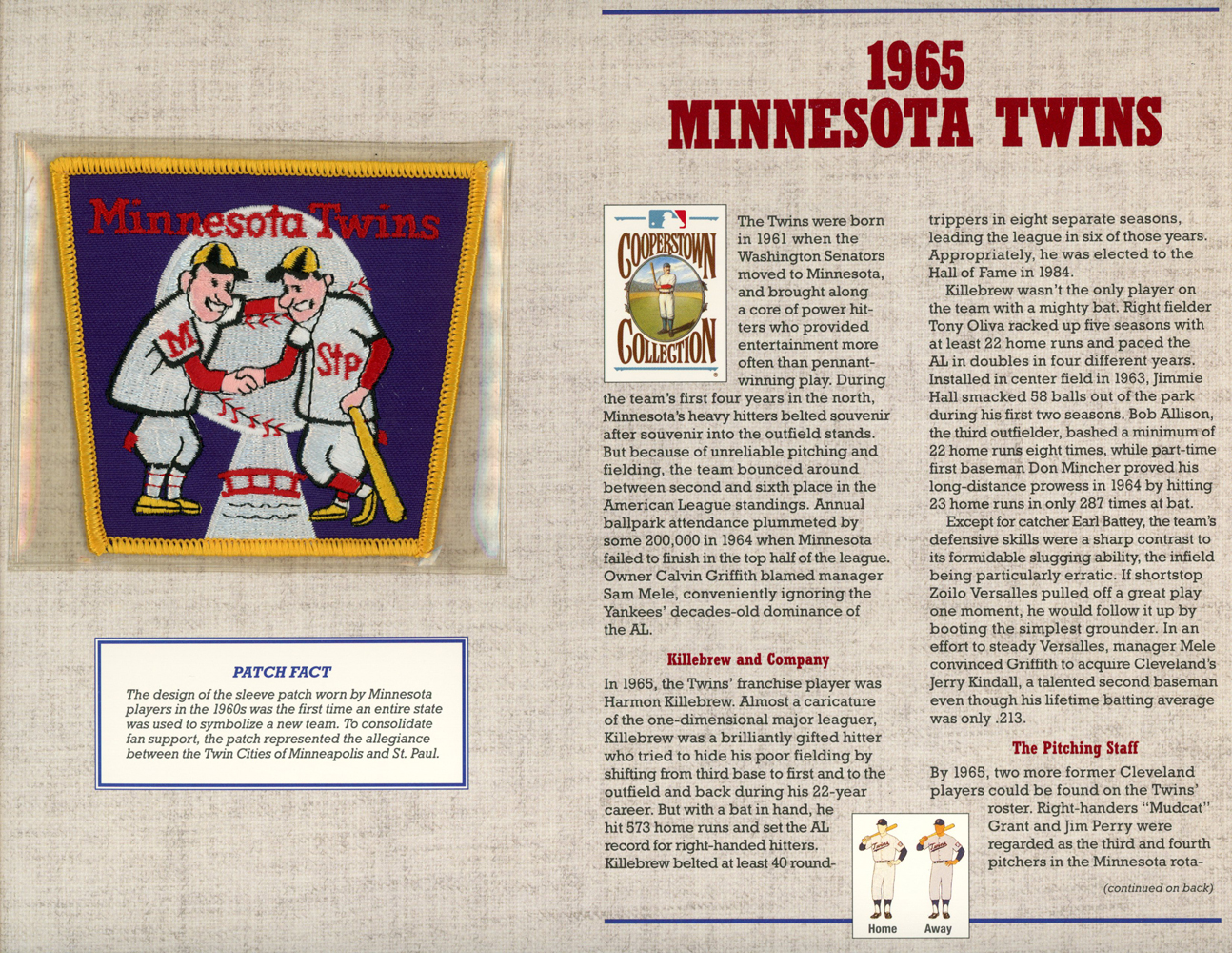 Minnesota Twins 1965 Patch Stat Card Cooperstown Official Willabee & Ward