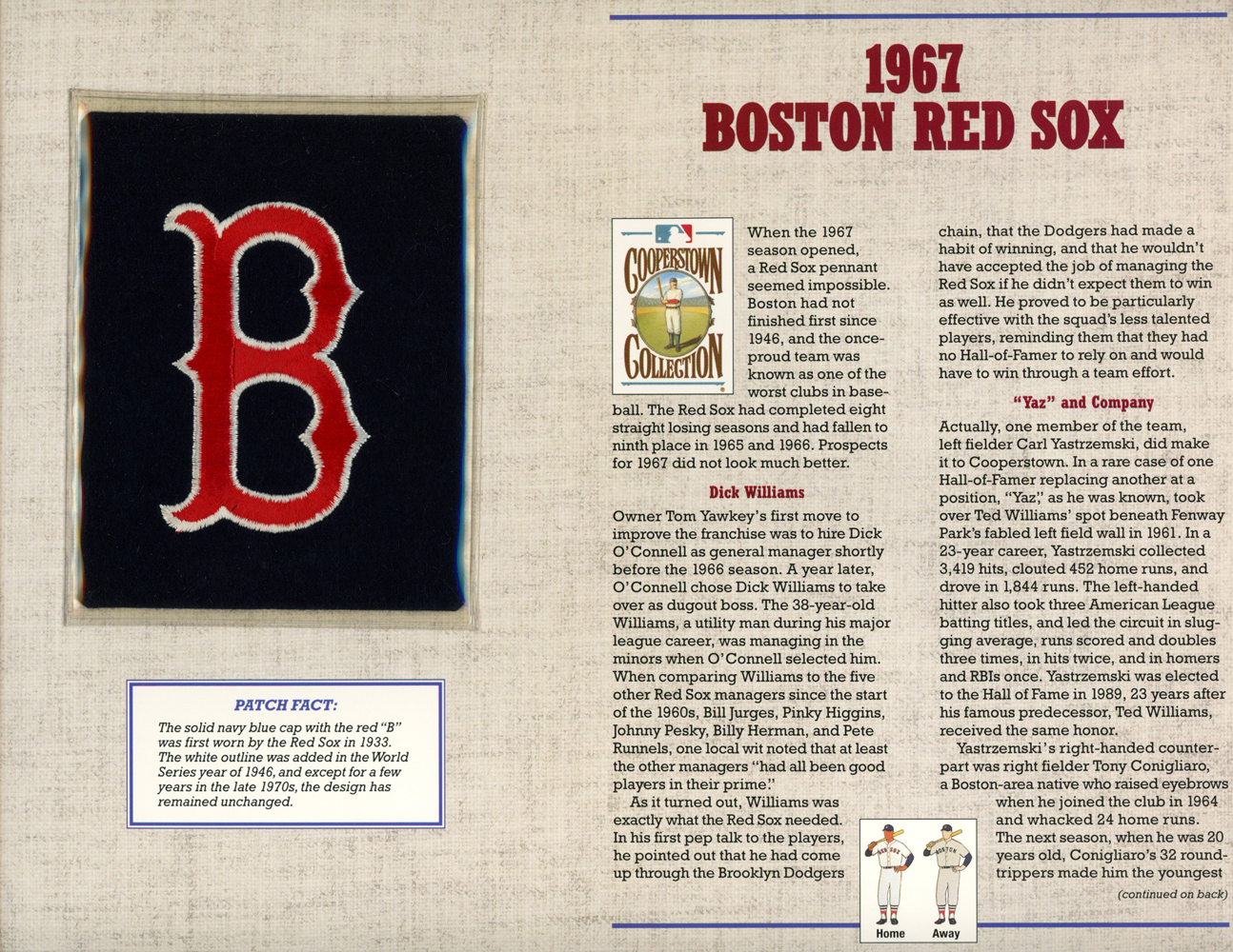 Boston Red Sox 1967 Patch Stat Card Cooperstown Official Willabee & Ward