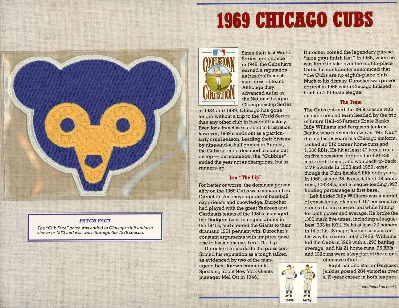 Chicago Cubs 1969 Patch Stat Card Cooperstown Official Willabee & Ward