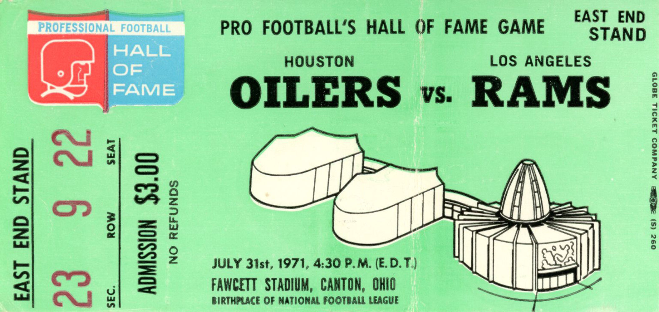 1971 Hall Of Fame Game Ticket Houston Oilers vs Los Angeles Rams