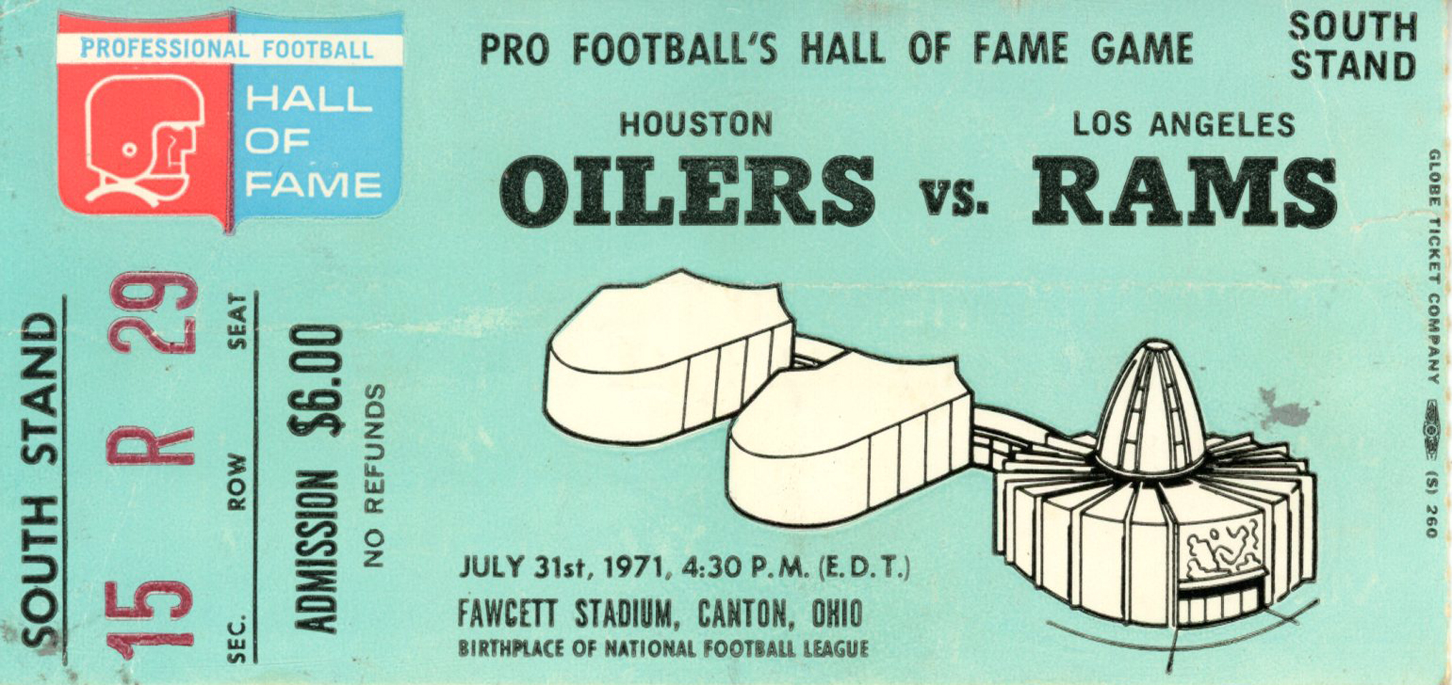 1971 Hall Of Fame Game Ticket Houston Oilers vs Los Angeles Rams