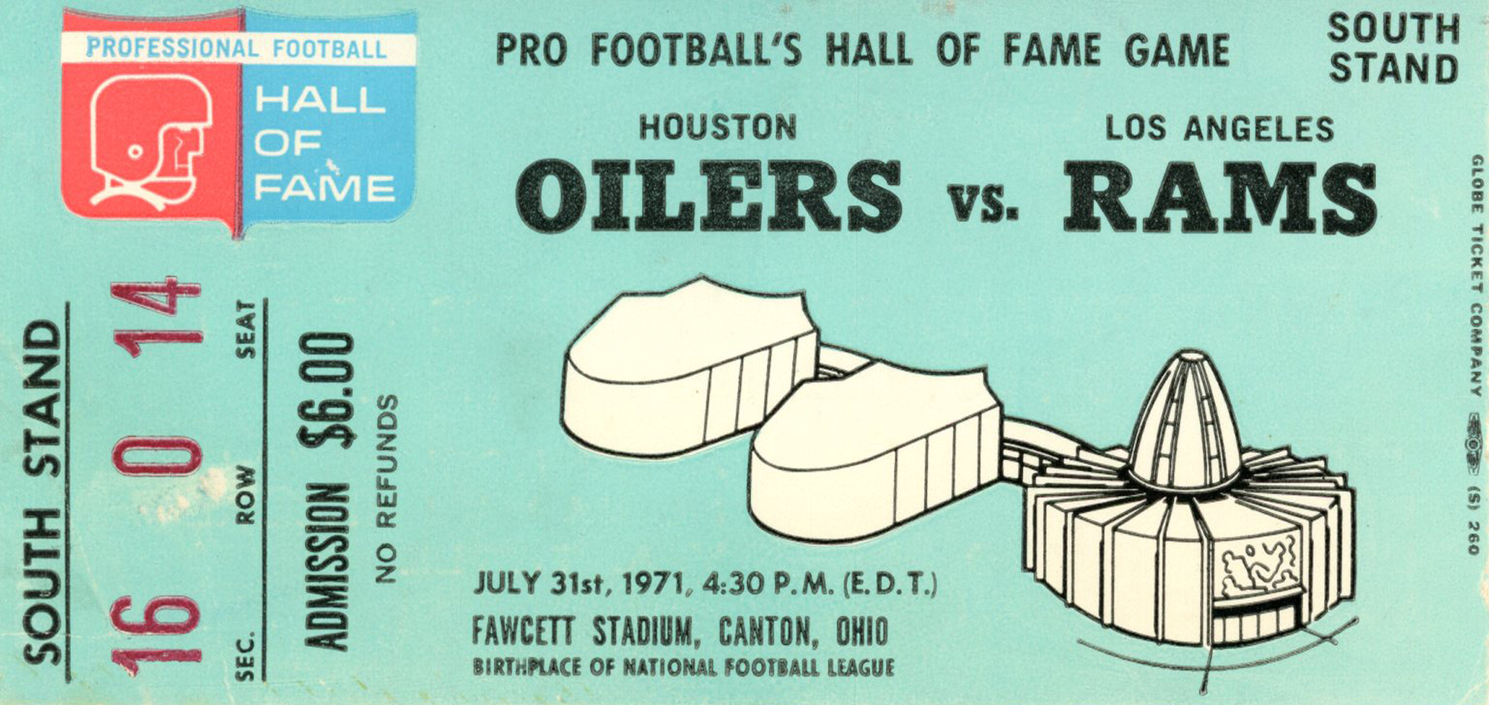 1971 Hall Of Fame Game Ticket Houston Oilers vs Los Angeles Rams