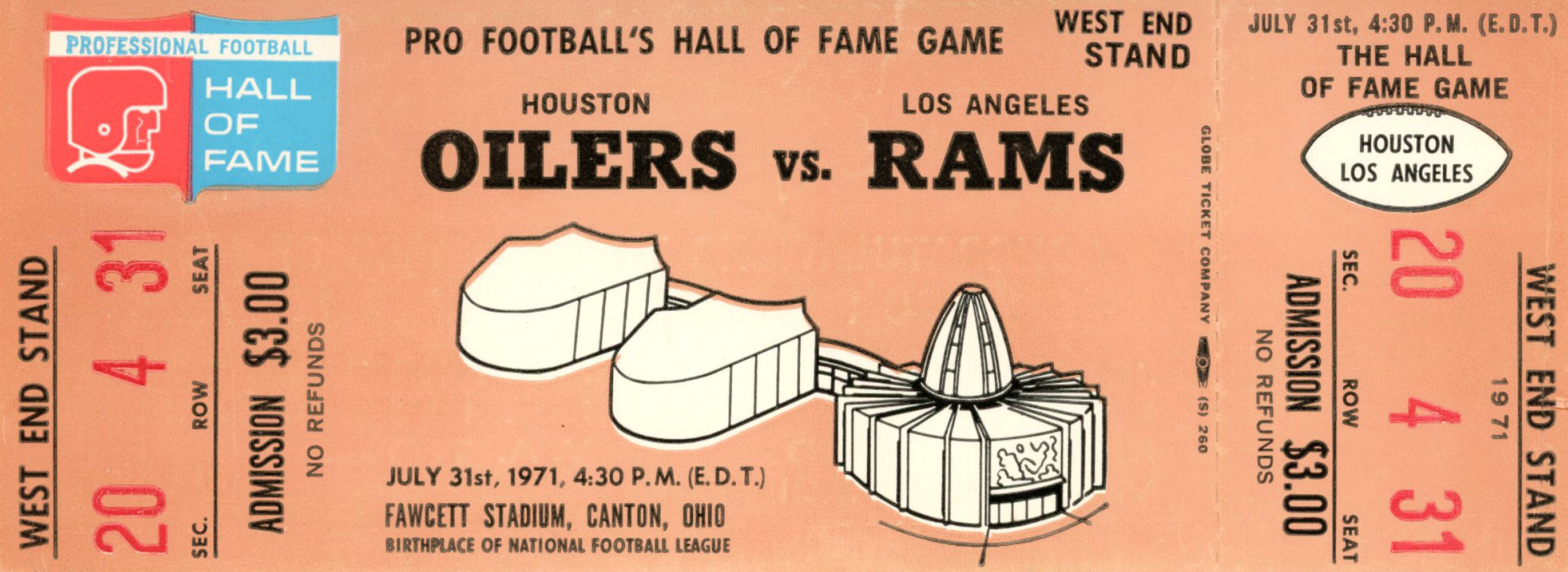 1971 Hall Of Fame Game Ticket Houston Oilers vs Los Angeles Rams