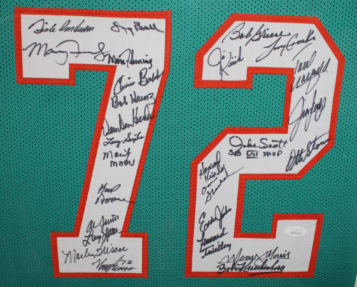 1972 Miami Dolphins Team Autographed Framed Teal XL Jersey 27 Sigs JSA 11033