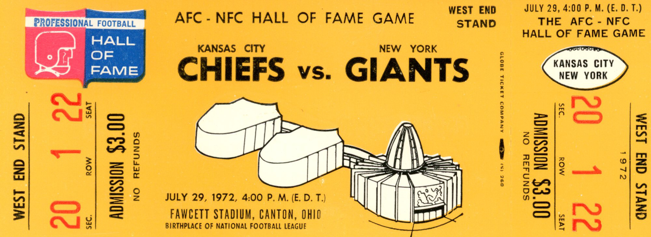 1972 Hall Of Fame Game Ticket Kansas City Chiefs vs New York Giants