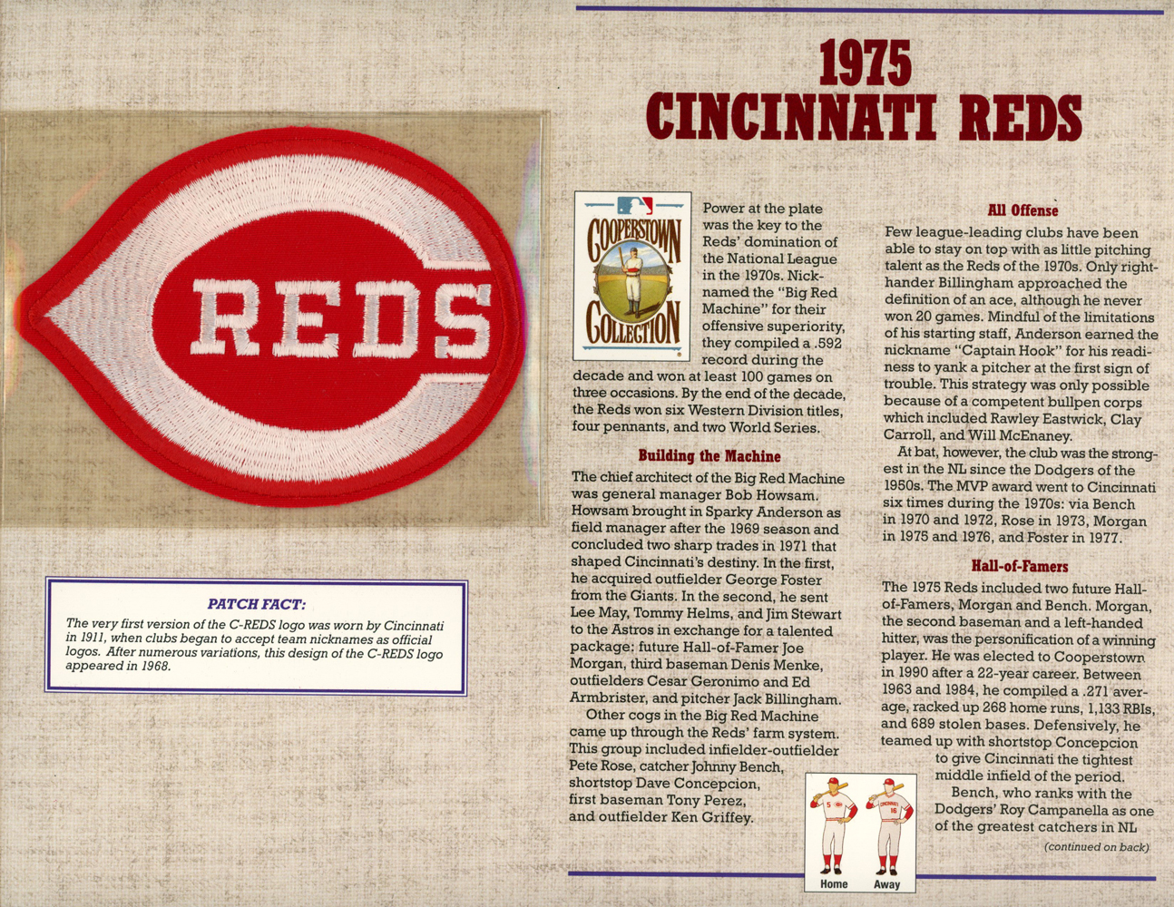 Cincinnati Reds 1975 Patch Stat Card Cooperstown Official Willabee & Ward