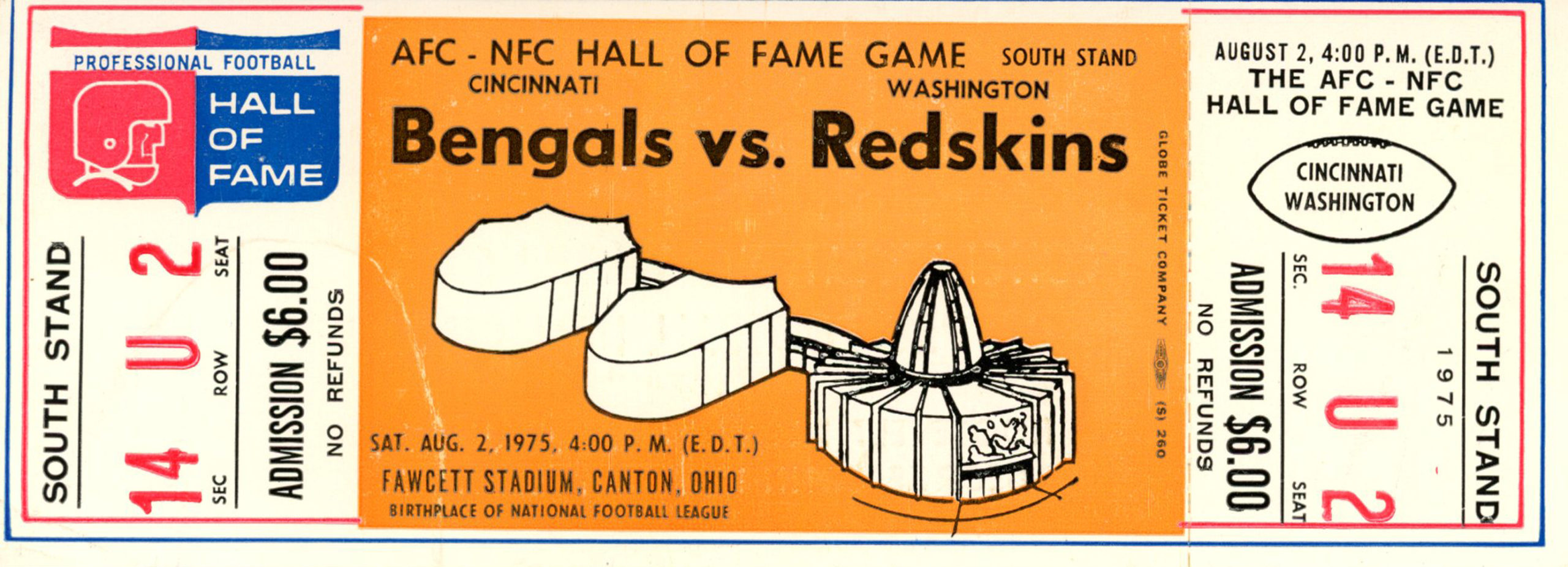1975 Hall Of Fame Game Ticket Cincinnati Bengals vs Washington Redskins