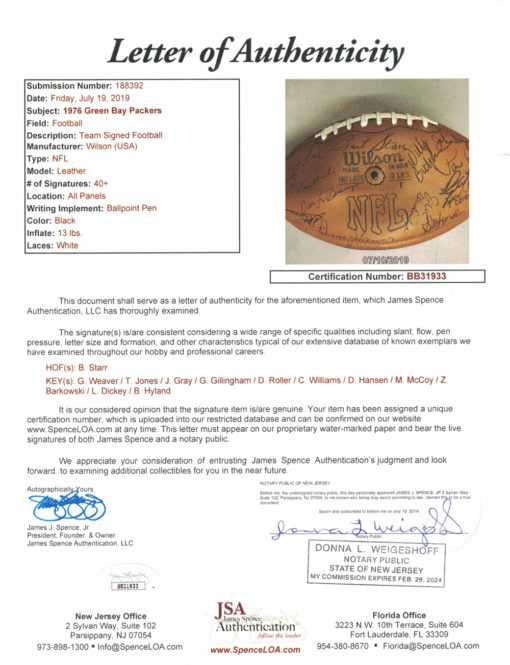 1976 Green Bay Packers Team Signed Leather Football Starr 52 Sigs JSA LOA 24828