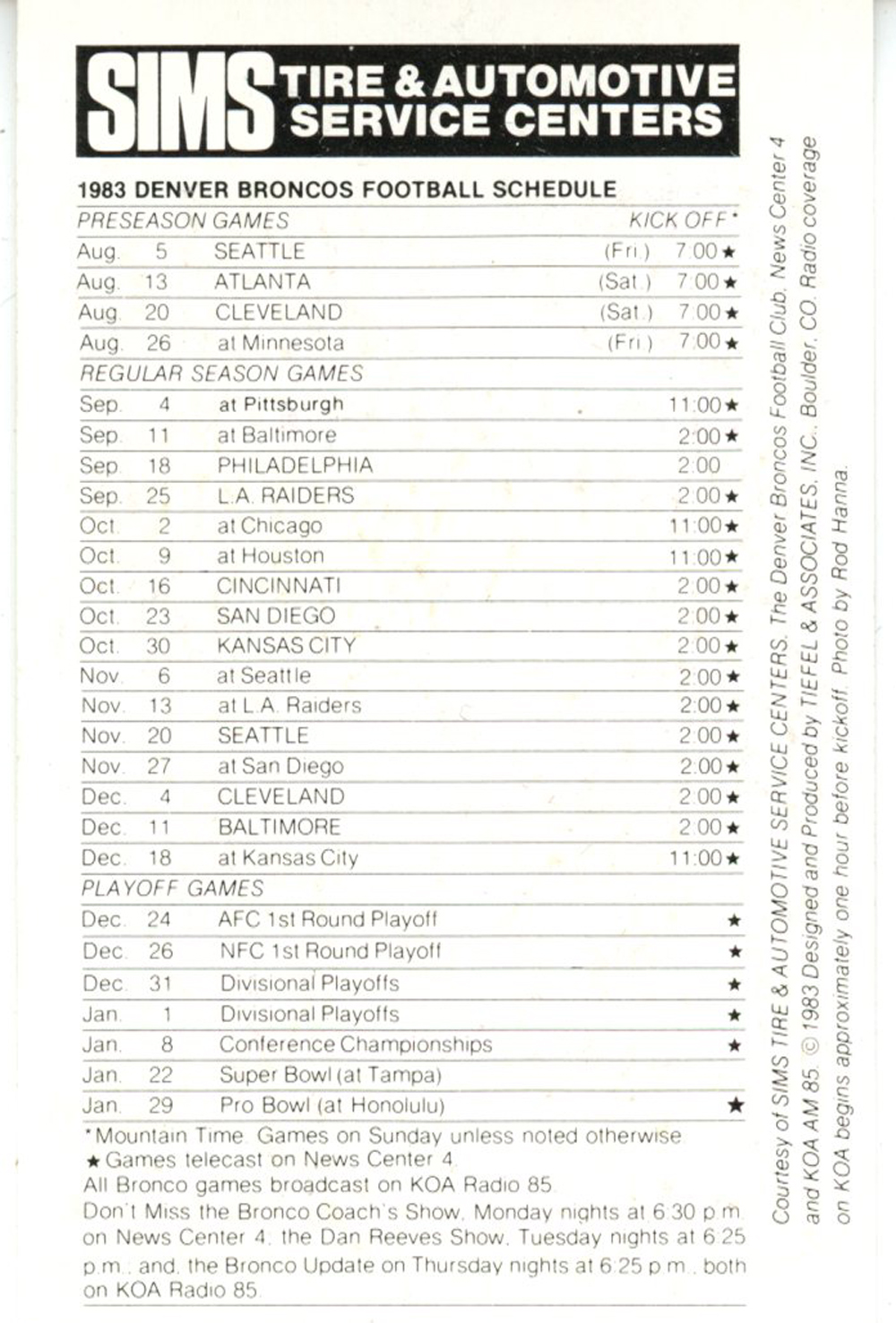 Denver Broncos 1983 Pocket Schedule