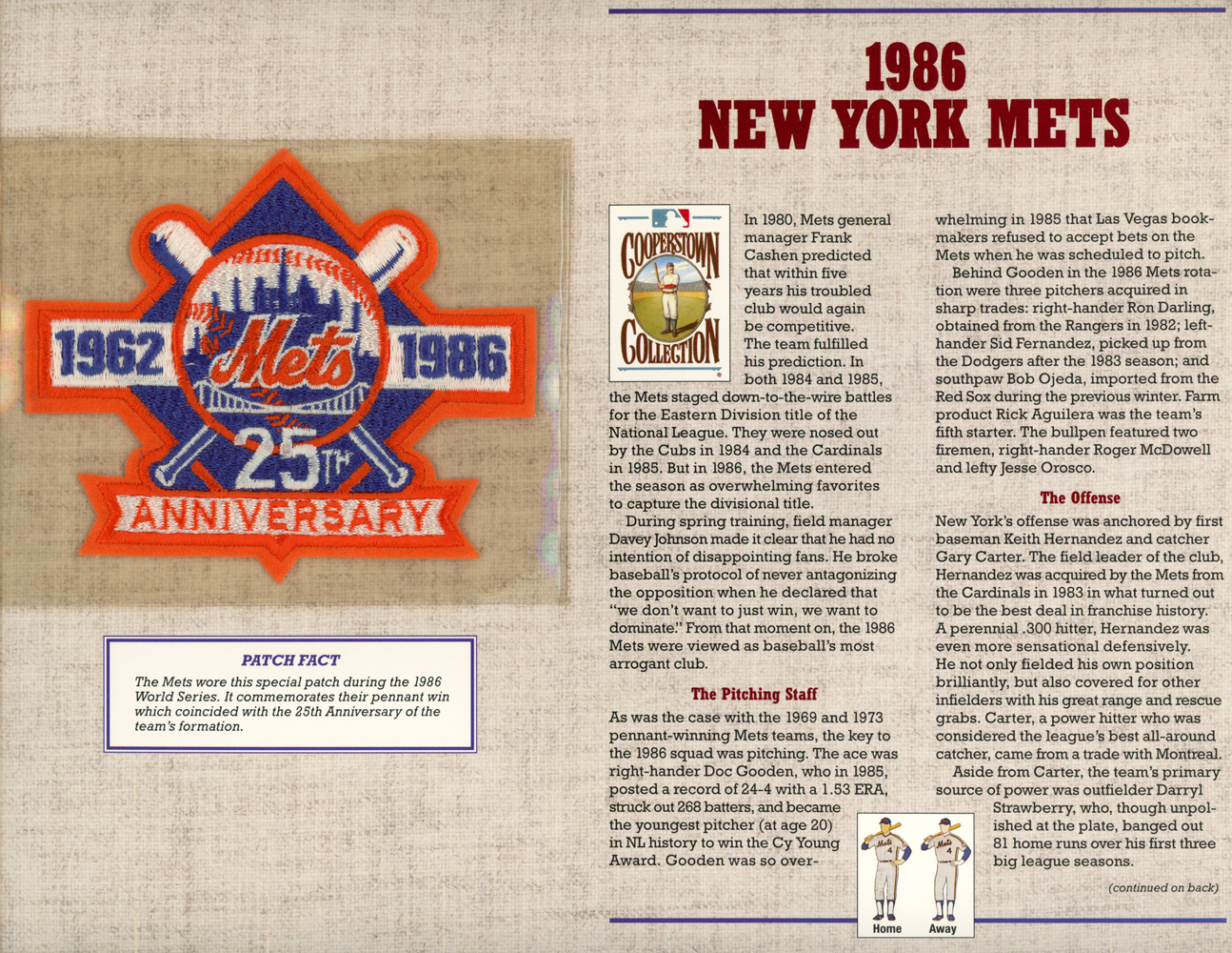 New York Mets 1986 Patch Stat Card Cooperstown Official Willabee & Ward