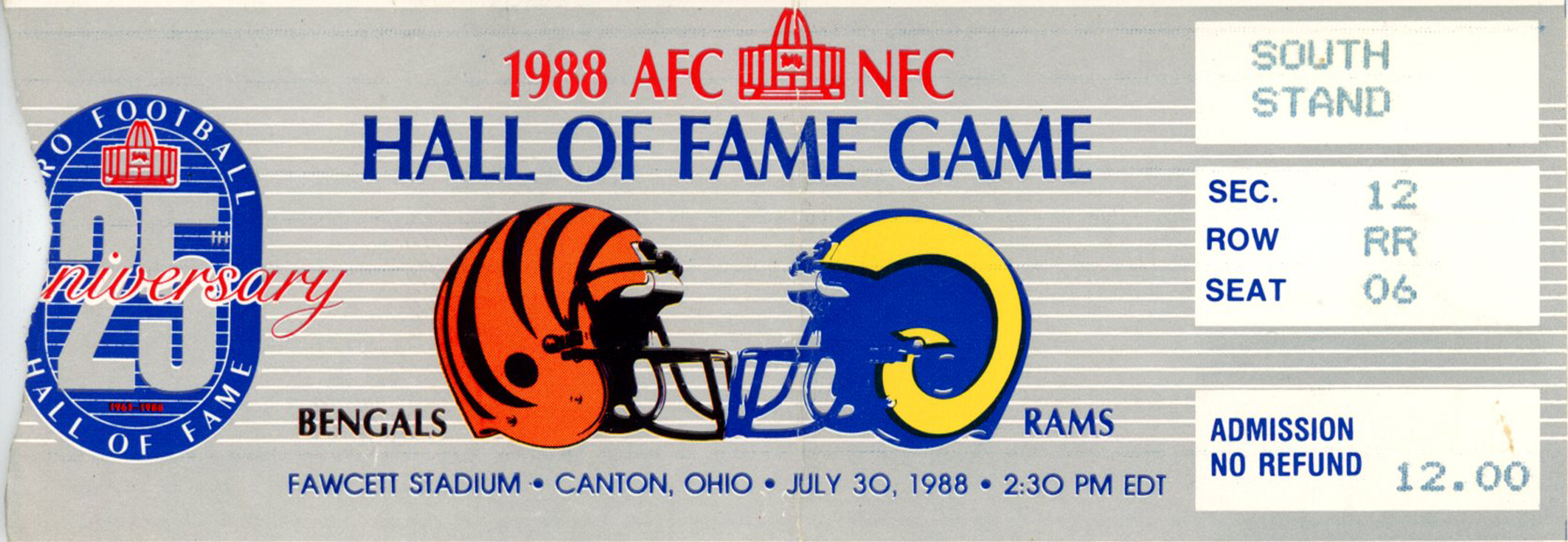 1988 Hall Of Fame Game Ticket Cincinnati Bengals vs Los Angeles Rams