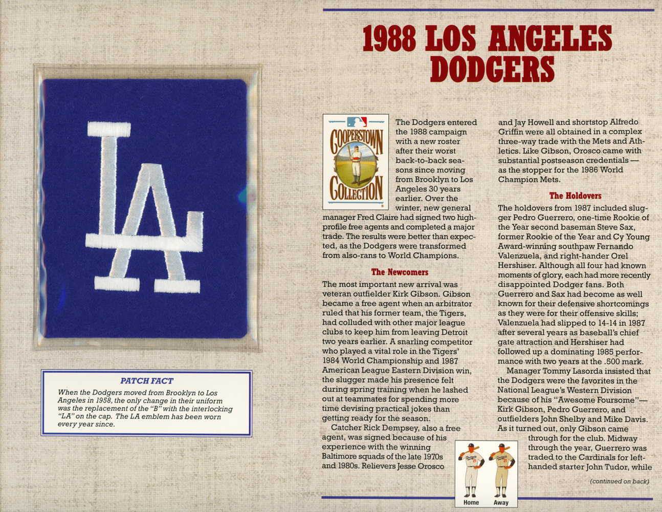 Los Angeles Dodgers 1988 Patch Stat Card Cooperstown Willabee & Ward