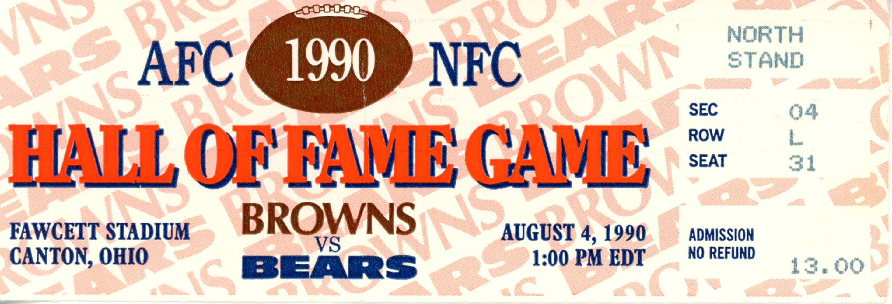 1990 Hall Of Fame Game Ticket Cleveland Browns vs Chicago Bears