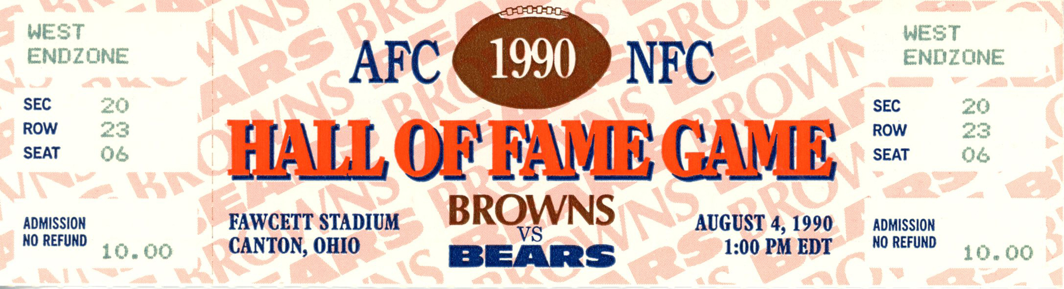 1990 Hall Of Fame Game Ticket Cleveland Browns vs Chicago Bears