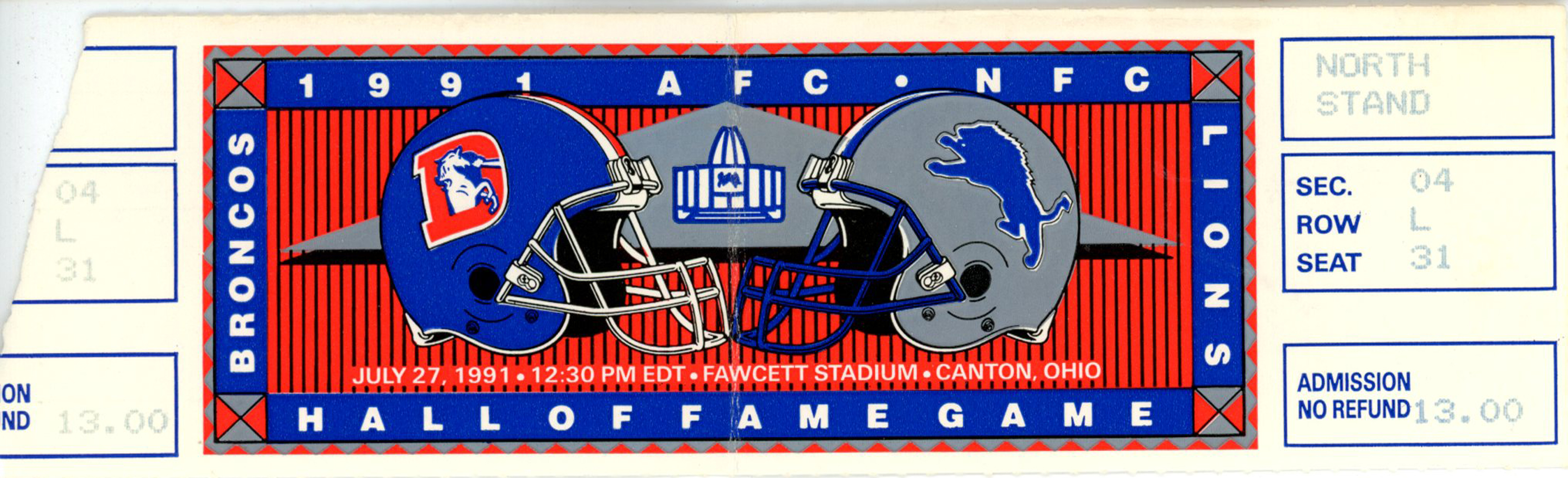 1991 Hall OF Fame Game Ticket Denver Broncos vs Detroit Lions