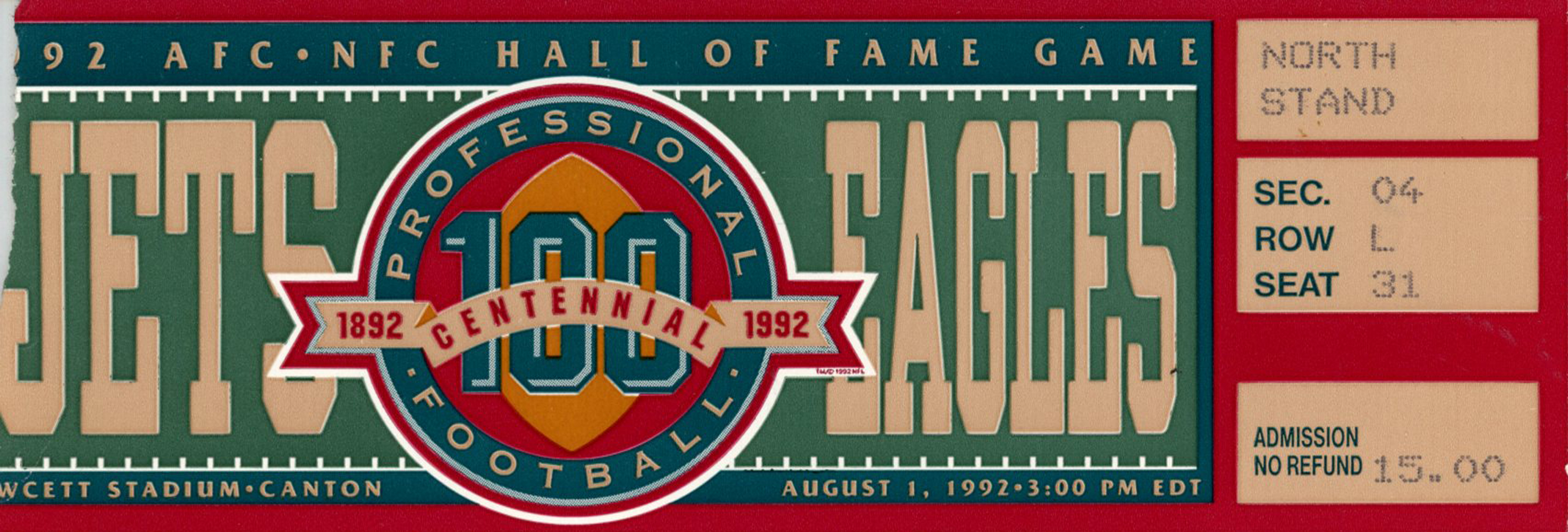 1992 Hall Of Fame Game Ticket New York Jets vs Philadelphia Eagles
