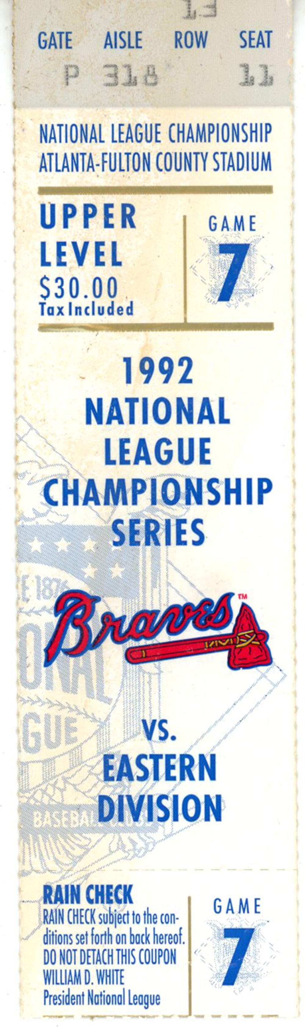 1992 National League Championship Series Game 7 Ticket Braves vs Pirates