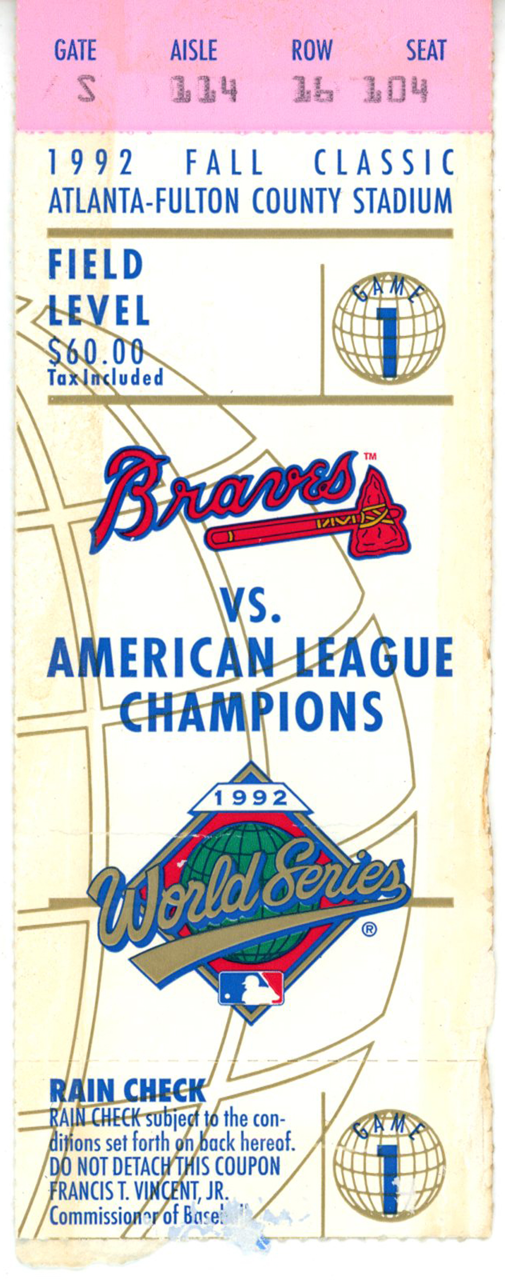 1992 World Series Game 1 Ticket Toronto Blue Jays vs Atlanta Braves