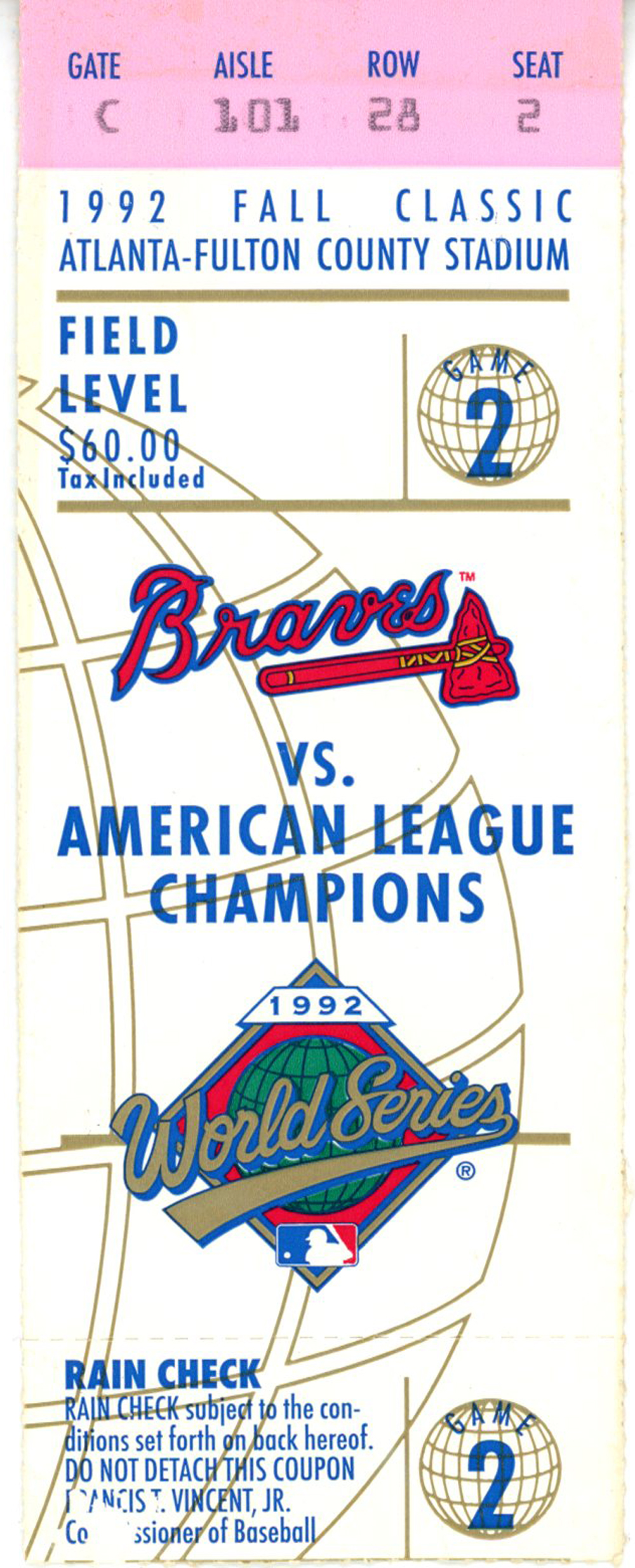 1992 World Series Game 2 Ticket Toronto Blue Jays vs Atlanta Braves