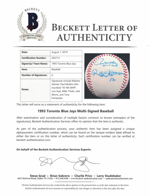1993 Toronto Blue Jays Signed OML Baseball Alomar Molitor MVP +4 BAS LOA 25143