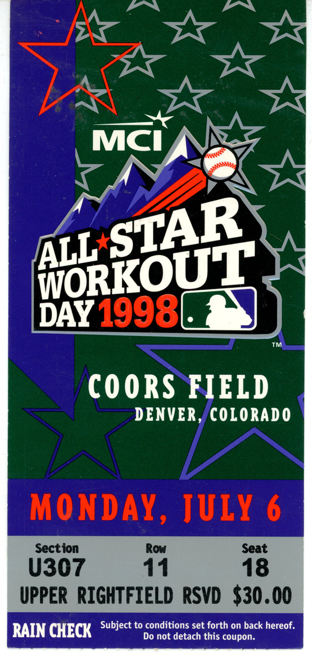 1998 All Star Workout Day Ticket Stub At Coors Field